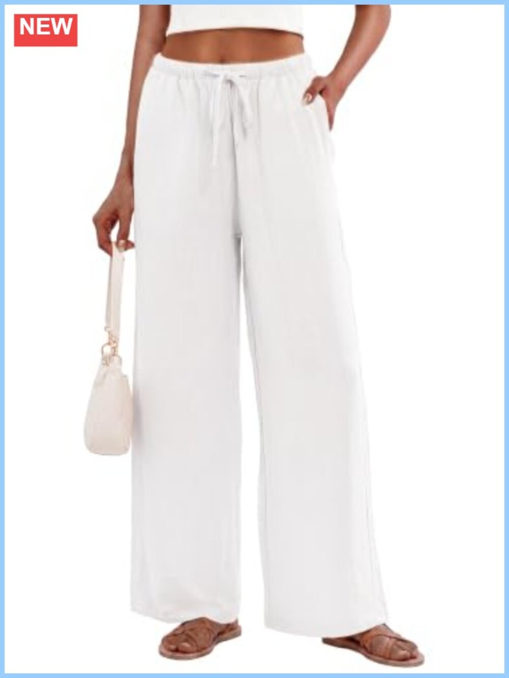 Women's Cotton Linen Wide Leg Palazzo Pants Elastic Waist Pockets